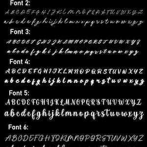May include: A black chart titled Font Options displaying seven distinct typeface styles. Each option includes the full uppercase and lowercase English alphabet in white text, ranging from thin cursive scripts to a standard serif font.