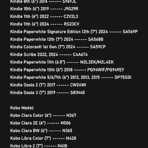 May include: A black informational chart listing various Kindle and Kobo e-reader models alongside their corresponding model numbers. The text includes specific device names, screen sizes in inches, release years, and alphanumeric model identifiers.