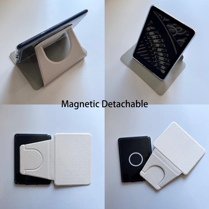 May include: A beige magnetic detachable phone stand and case set. The stand features a circular cutout and folds to support a phone in portrait or landscape orientation. The text Magnetic Detachable is visible in the center of the four-part image.