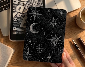Kindle-Hülle mit Mond- und Sternenmotiv (2026), Kobo-Hülle, abnehmbare magnetische Rückseite, Paperwhite 12. und 11. Generation, Kindle Colorsoft, Kindle Basic, transparente Rückseite