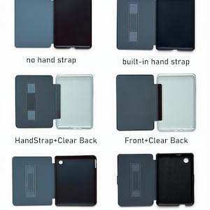 May include: A collection of six e-reader cases shown in various configurations. Options include cases with or without a hand strap, clear back panels, and specific models labeled for Kobo Libra Color 7"/Libra 2 7" and Kobo Clara Color 6"/2E/BW.