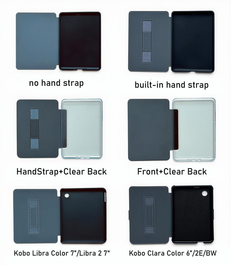 May include: A collection of six e-reader cases shown in various configurations. Options include cases with or without a hand strap, clear back panels, and specific models labeled for Kobo Libra Color 7"/Libra 2 7" and Kobo Clara Color 6"/2E/BW.