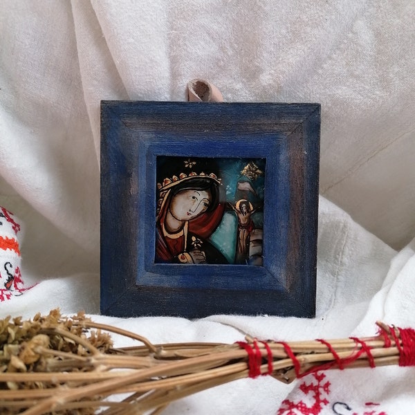 Sad Mother of God Romanian reverse icon glass handmade painted