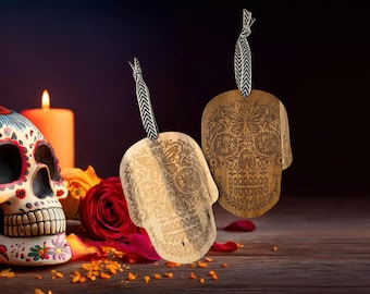 Set of 2 Day of the Dead Skull Ornaments - Dia de Los Muertos -Calavera Mexican Sugar Skulls - Wood Skulls - Halloween Decor