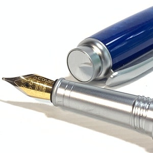 Beautiful Handcrafted Blue Fountain Pen, Pearlescent Blue Elegant Style Writing Pen Satin Chrome Artisan Made Fountain Pen