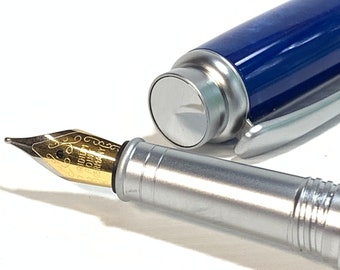 Handcrafted Pearlescent Blue Fountain Pen, Satin Chrome Finish