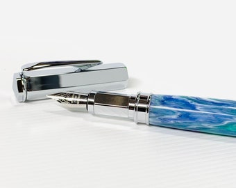 Handmade Blue Resin Fountain Pen, Magnetic Cap Iridium Nib