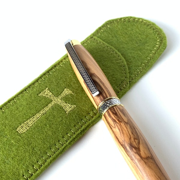 Beautiful Bethlehem Israel Olive wood Pen ~ Gift Ready with Embroidered Pen Sleeve