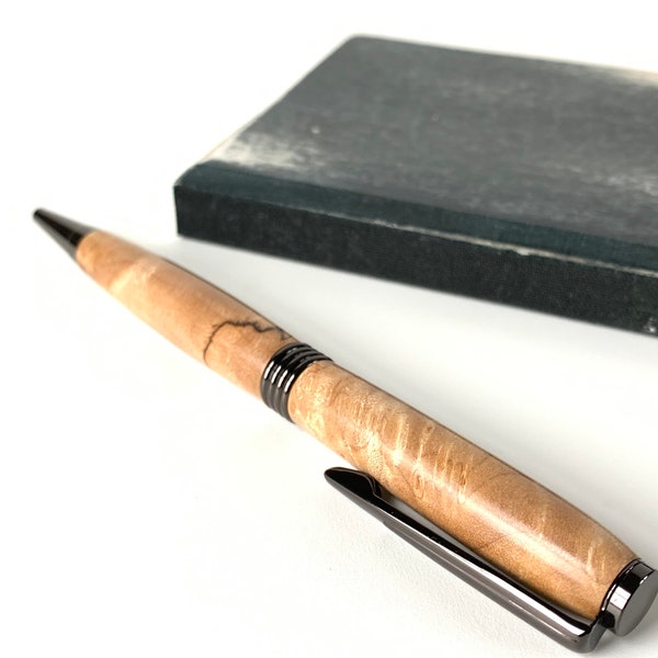 Figured Maple Burl Wood Pen Gift Ready with Velvet Presentation Pouch Free Shipping!