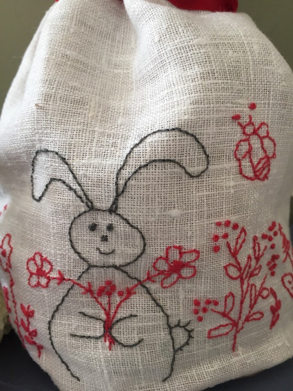 VINTAGE LINEN reimagined to a draw string kit BAG floral pretty with lovely original hand embroidery