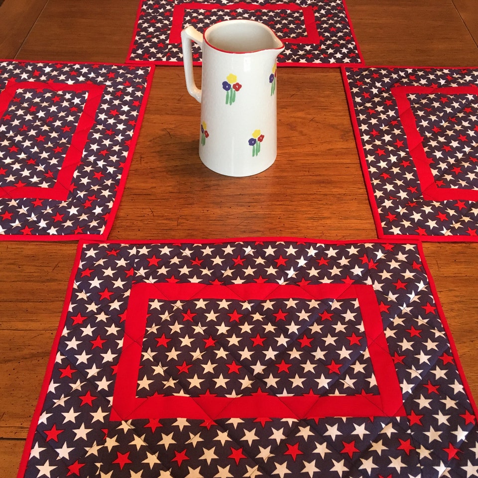 Patriotic Placemats - Set of 4 Quilted Table Mats with Red and White Stars on Blue Background