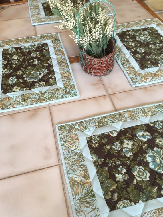 Placemats Set Of 4 Quilted Cotton Table Mats Teal Flowers Etsy