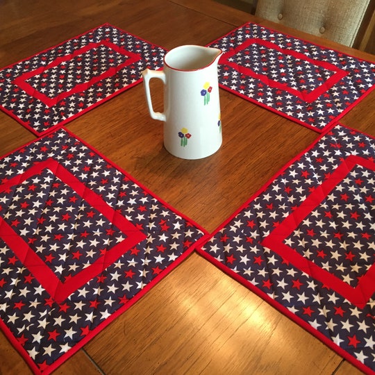 Patriotic Placemats - Set of 4 Quilted Table Mats with Red and White Stars on Blue Background