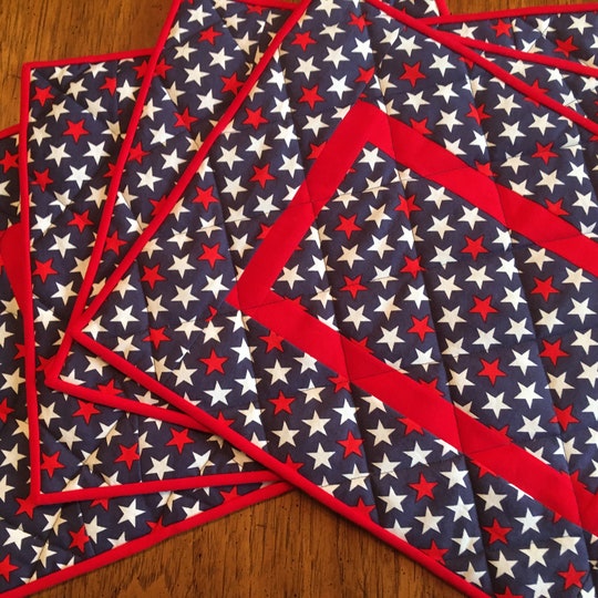 Patriotic Placemats - Set of 4 Quilted Table Mats with Red and White Stars on Blue Background