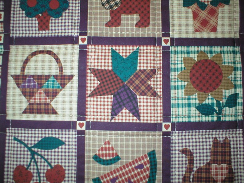 Table Topper 18 x 18 Quilted cotton Country Images in shades of rust and eggplant