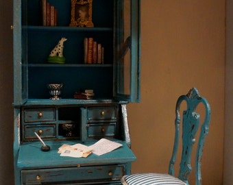 ONE OF A kind, fabulous hand painted, fine miniature doll house antiqued secretary desk & chair set, dark teal blue. Sold with accessories