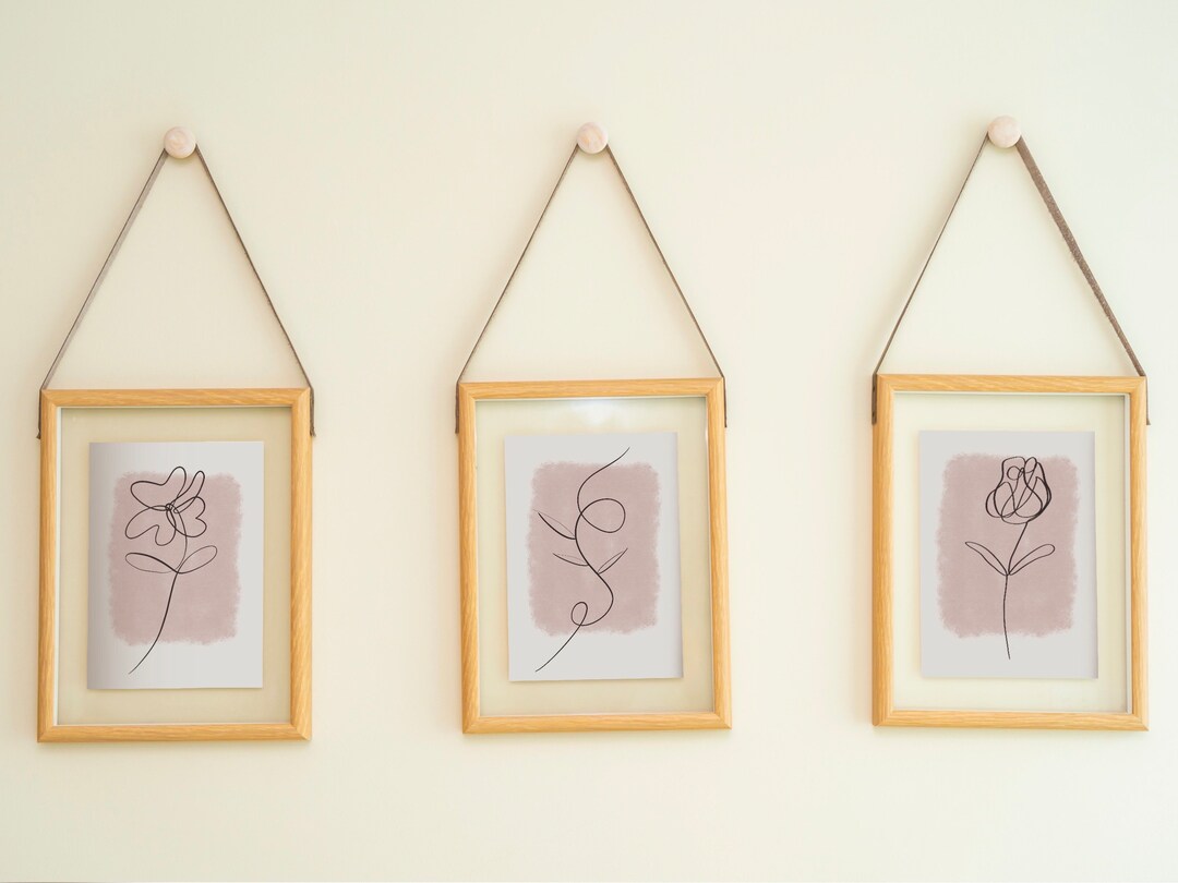 Minimalist Flower Line Art, Digital Wall Art Set of 3, Dusty Pink ...