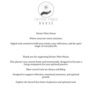 May include: Image features the Divine Vibes House logo, a circular design with a hand holding a starburst. Text includes "Divine Vibes House" and descriptions of digital tools for rituals, reflections, and spiritual growth. The text also mentions a planner.