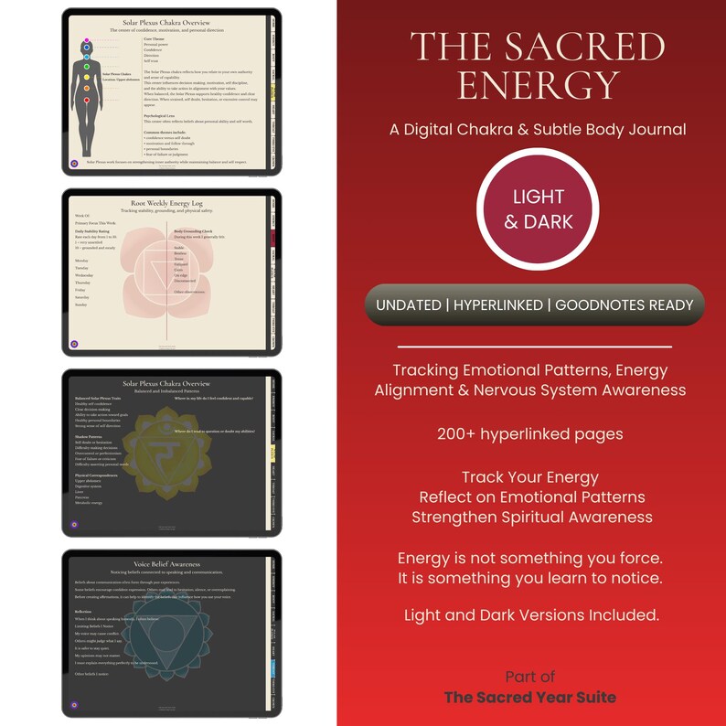 May include: Digital chakra and subtle body journal titled "The Sacred Energy." The image shows four tablets displaying journal pages. The journal includes light and dark versions, tracking emotional patterns, energy alignment, and nervous system awareness. It is undated and Goodnotes ready.