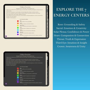 May include: Two tablets displaying information about chakras and energy centers. The text on the right side reads "EXPLORE THE 7 ENERGY CENTERS" with a list of the seven centers and their associated qualities.