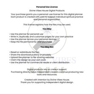 May include: A white document with the text "Personal Use License" and details about the use of digital planner files. The document outlines what users "May" and "May Not" do with the files, including personal use and restrictions on resale.
