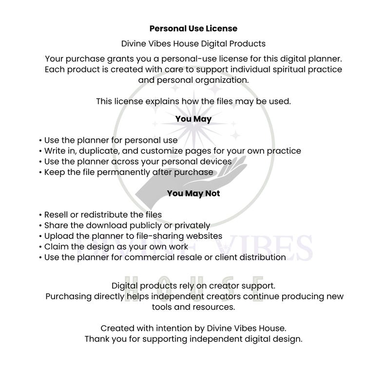 May include: A white document with the text "Personal Use License" and details about the use of digital planner files. The document outlines what users "May" and "May Not" do with the files, including personal use and restrictions on resale.