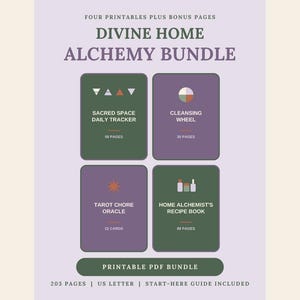 Op de afbeelding: Een digitaal printbaar PDF-pakket genaamd Divine Home Alchemy Bundle, met vier secties: Sacred Space Daily Tracker, Cleansing Wheel, Tarot Chore Oracle en Home Alchemist's Recipe Book, in totaal 203 pagina's in US Letter-formaat.