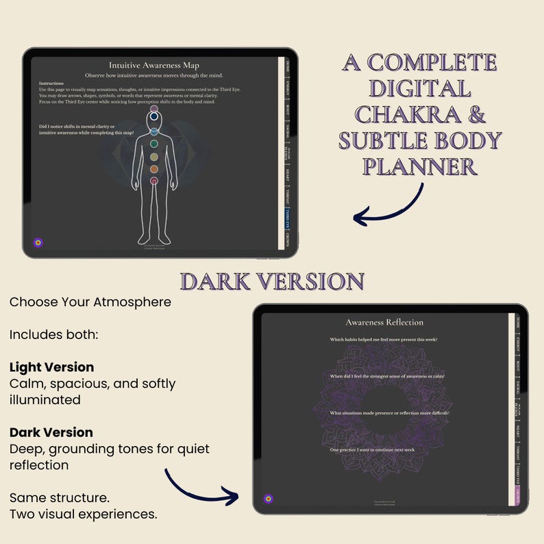 May include: A digital chakra and subtle body planner displayed on two tablets. The planner includes a dark version with grounding tones and a light version. Text includes "Intuitive Awareness Map" and "Awareness Reflection".