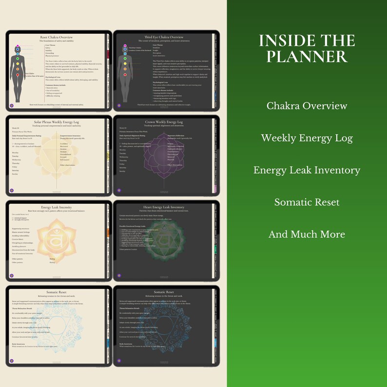 May include: A digital planner with multiple screens displaying information on chakra overview, weekly energy log, energy leak inventory, and somatic reset. The text "INSIDE THE PLANNER" is displayed on a green background, along with other related terms.