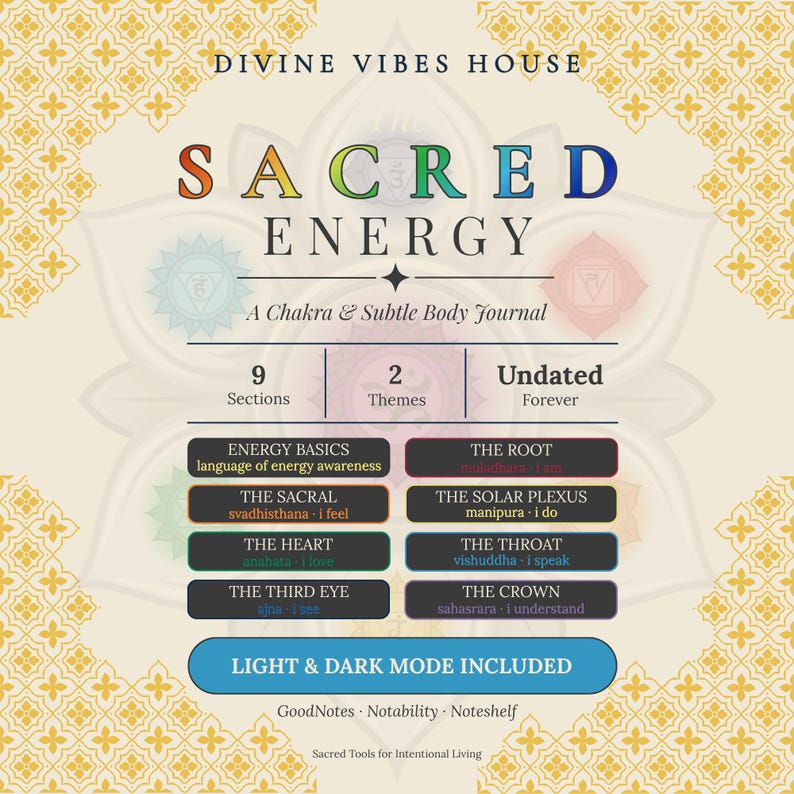 May include: A digital journal titled "The Sacred Energy" with a chakra and subtle body theme. The design includes sections for energy basics, the sacral, heart, third eye, root, solar plexus, throat, and crown. It offers light and dark mode.