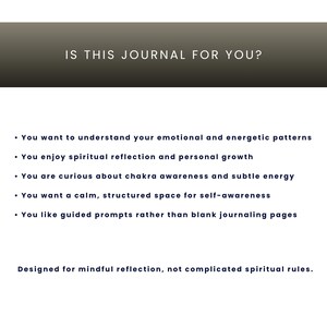 May include: A white background with the text "IS THIS JOURNAL FOR YOU?" in a dark gray banner. Below, bullet points list features like understanding emotional patterns and enjoying spiritual reflection. The text "Designed for mindful reflection, not complicated spiritual rules" is at the bottom.
