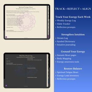 May include: Two tablets displaying digital journal pages. One shows "Spiritual Fatigue Reset" with a mandala design. The other displays "Third Eye Dream Log." A sidebar lists tools for tracking, reflecting, and aligning energy.