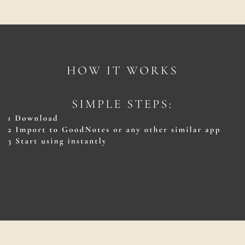 May include: Dark gray background with white text. The text reads "HOW IT WORKS" and "SIMPLE STEPS:" followed by three numbered steps: Download, Import to GoodNotes, and Start using instantly.