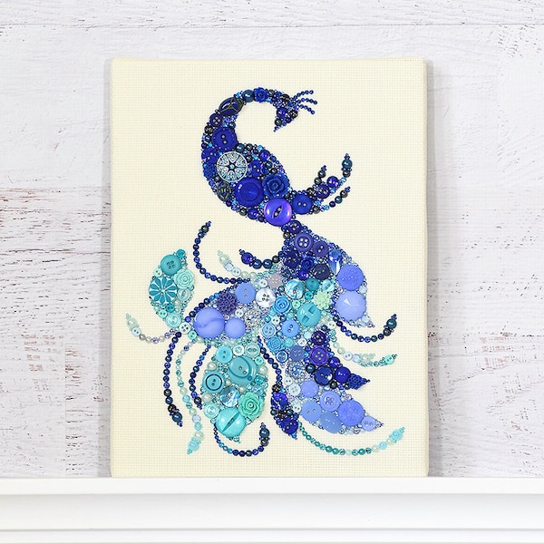 RESERVED FOR CATHY - Button Art Bird of Paradise, Blue Bird Home Decor, Blue Fire Bird Wall Hanging, Bird Art Wall Decor
