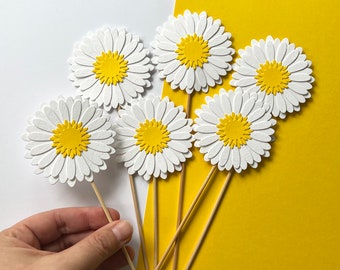 Daisy Flower Cake Toppers | Birthday Party Decor | Paper Daisies | Set of 6