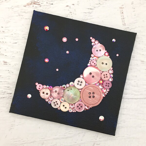 Pink Moon and Stars Button Art - Nursery Decor - Small Wall Art - 4x4 - Moon and Stars Decor - Geeky Room Decor - Geeky Gift - Moon Wall Art