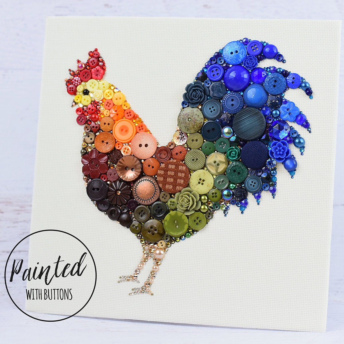 MADE TO ORDER Rooster Button Art 10x10 Colorful Rooster Etsy