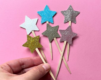 Star Cupcake Toppers | Glittery Stars Toppers | Birthday Party Decor | Paper Cake Toppers | Set of 6