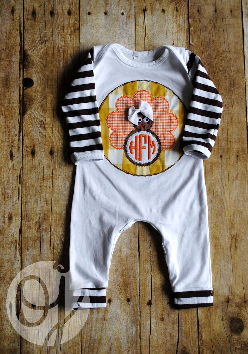 Personalized Thanksgiving Infant Sleeper Monogram Sleeper Babies First Thanksgiving Turkey Day Brown and White