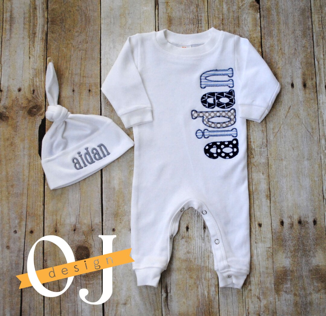 Personalized Sleeper and Infant Hat Blue and Grey Newborn Etsy