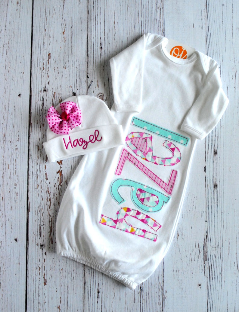 Personalized Infant Gown Baby Shower Fuchsia Pink and Aqua Newborn Hospital Set Personalized Bow Hat Infant Gown