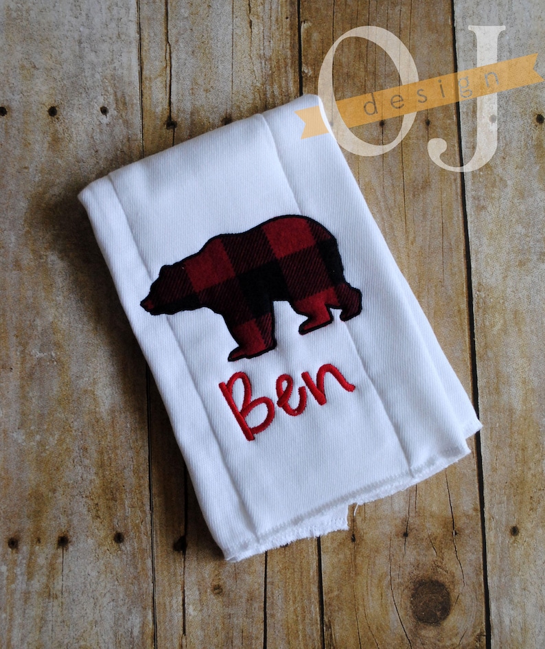 Baby Bear Personalized Baby Bib and Burp Cloth Infant Burp Cloth and Bib Newborn Buffalo Check Plaid