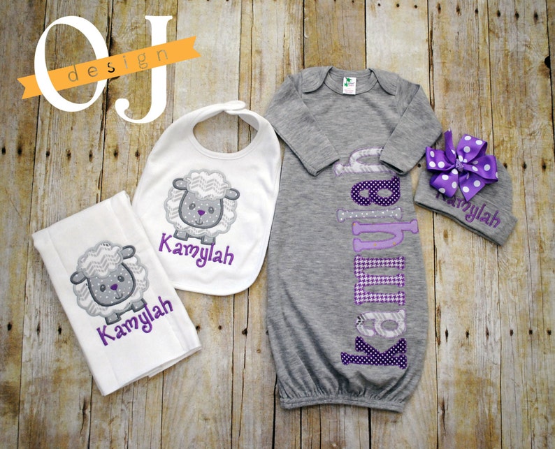 Newborn Hat Gray Purple Lamb Personalized Baby Girl Gift Set Bib Newborn Gift Set Infant Gown Baby Shower Burp Cloth