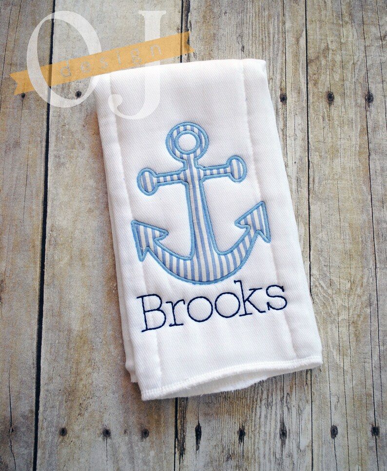Nautical Personalized Name Boy Nautical Anchor Burp and Bib Set Seersucker Navy Blue and White Anchor Infant Burp Cloth and Bib Set