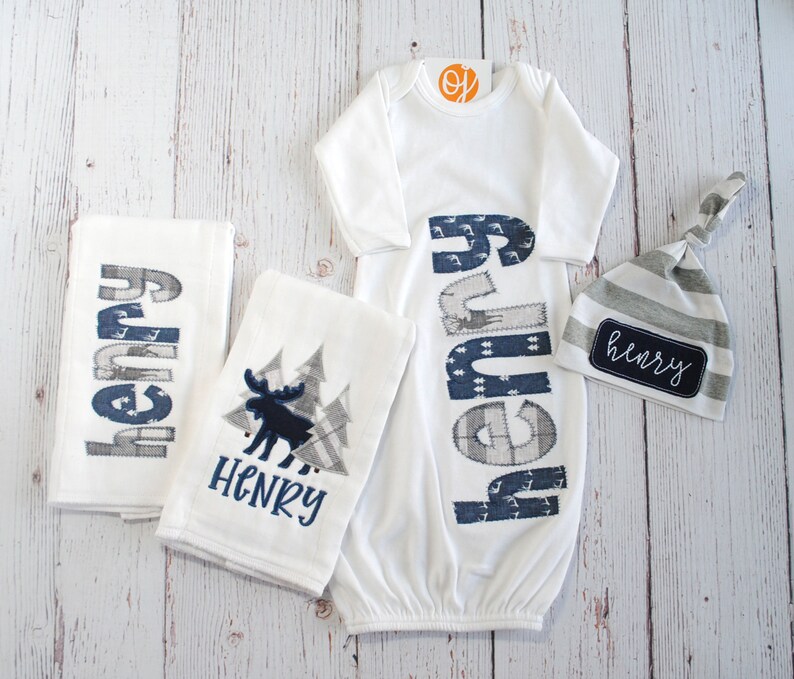 Personalized Baby Boy Woodland Newborn Gown Gift Set Gray Etsy