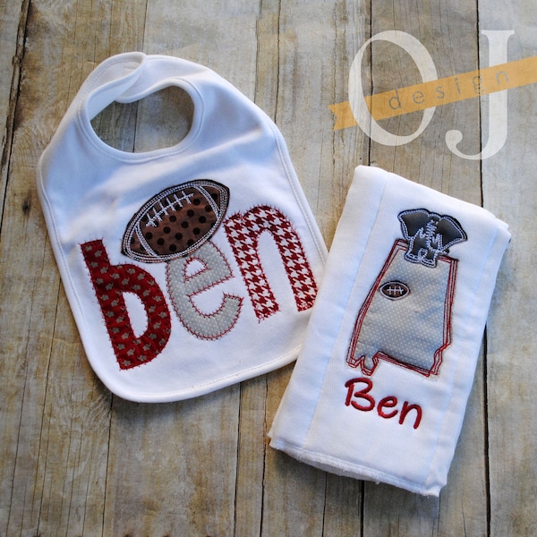 Personalized Name Boy Burp and Bib Set  - Football Alabama Crimson Tide - Infant Burp Cloth and Bib Set - Football Baby - Elephant