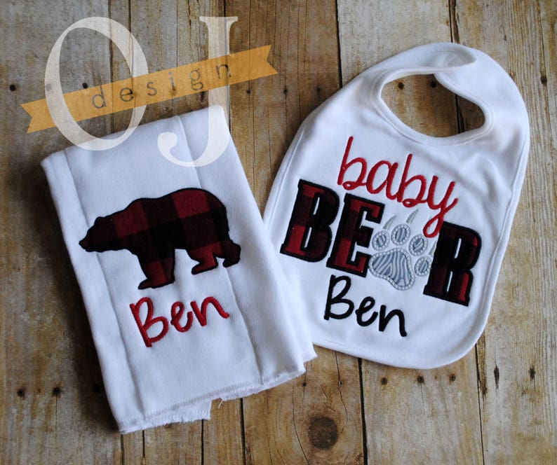 Baby Bear Personalized Baby Bib and Burp Cloth Infant Burp Cloth and Bib Newborn Buffalo Check Plaid