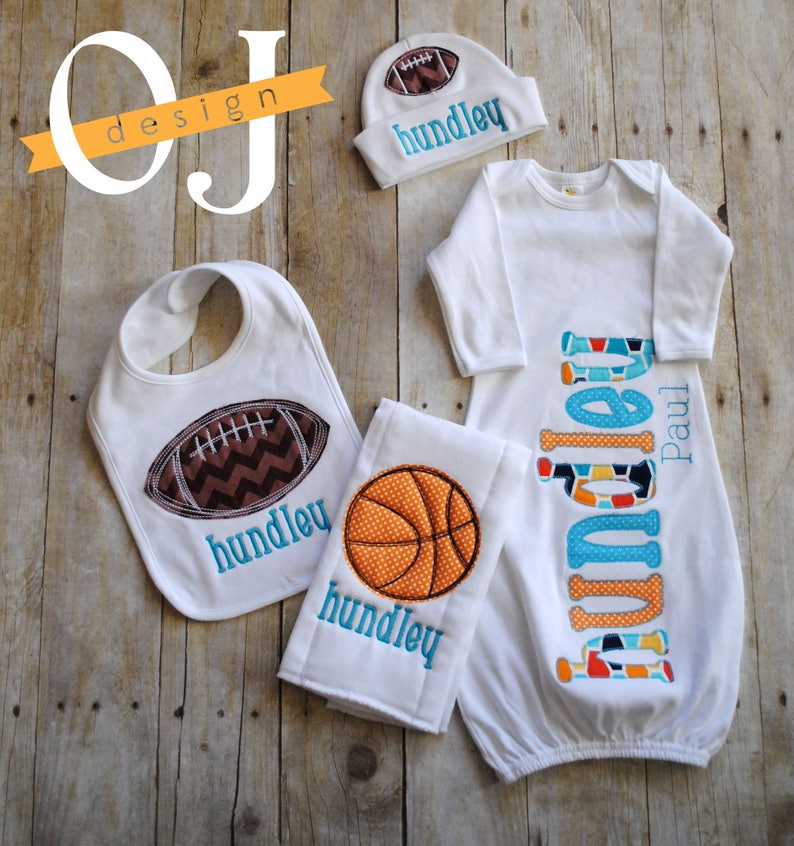 Burp Cloth Football and Basketball Personalized Baby Boy Sports Newborn Gown Gift Set Infant Gown Onesie Newborn Hat Bib