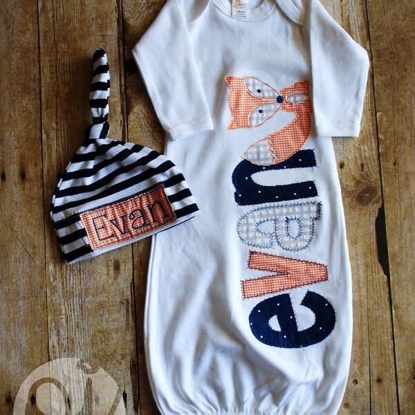 Personalized Baby Gown and Tie Hat - Baby Boy Coming Home Outfit - Woodland Baby - Orange, Tan and Black Fox - NEW