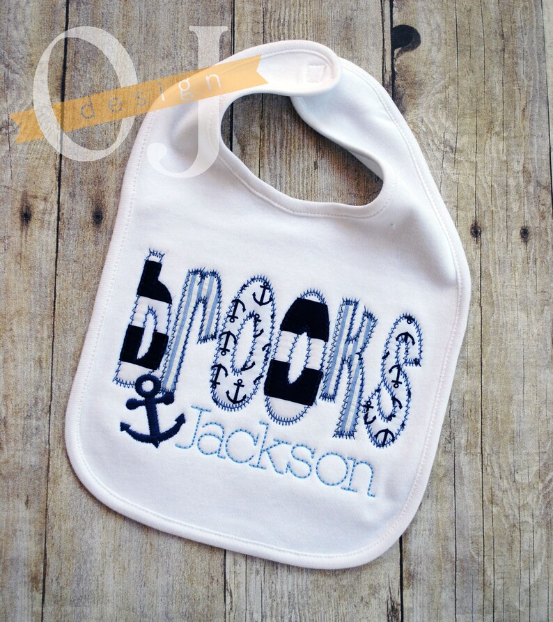 Nautical Personalized Name Boy Nautical Anchor Burp and Bib Set Seersucker Navy Blue and White Anchor Infant Burp Cloth and Bib Set